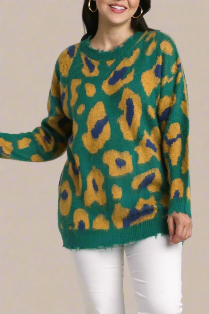UMGEE - Green & Gold Fuzzy Leopard Print Sweater