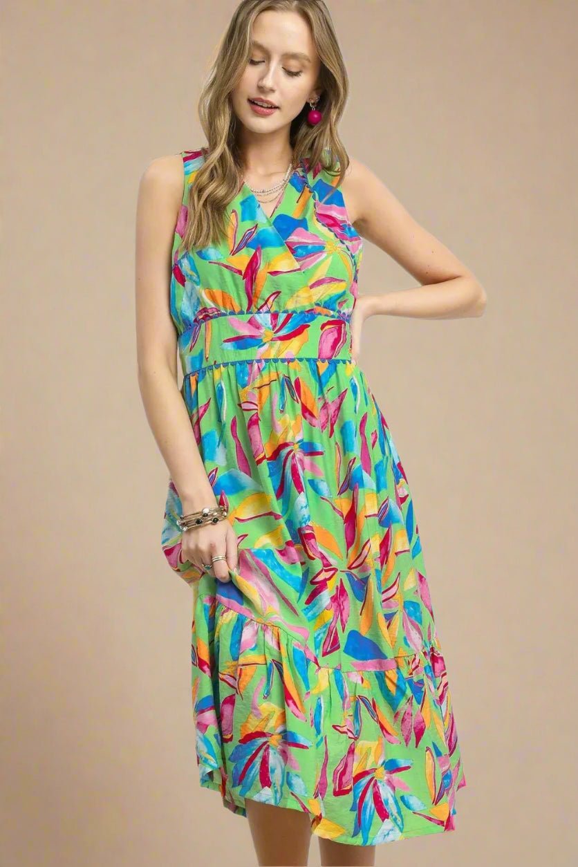 UMGEE - Green Multicolor Tropical Leaf Print Sleeveless Midi Dress