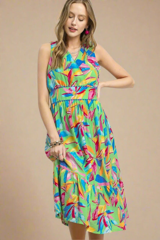 UMGEE - Green Multicolor Tropical Leaf Print Sleeveless Midi Dress