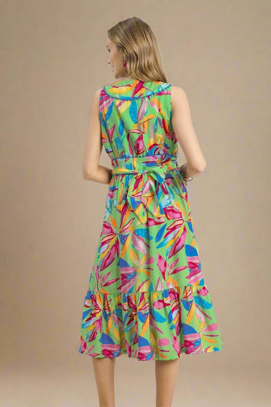 UMGEE - Green Multicolor Tropical Leaf Print Sleeveless Midi Dress