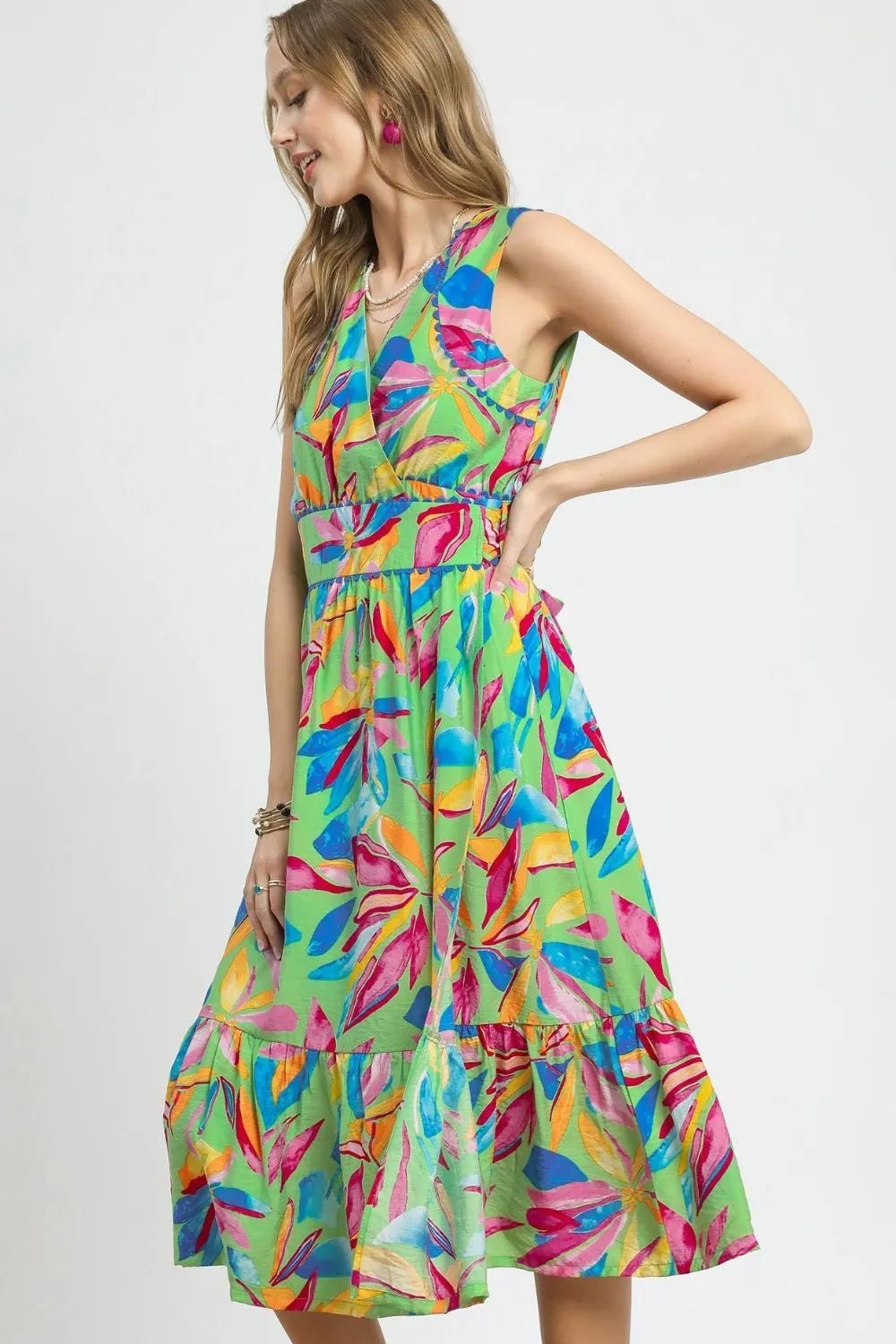 UMGEE - Green Multicolor Tropical Leaf Print Sleeveless Midi Dress