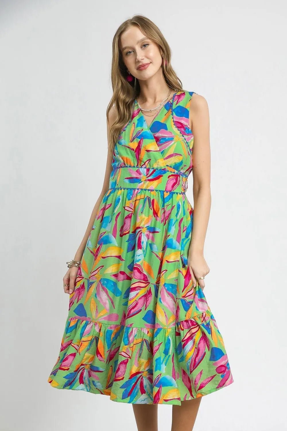 UMGEE - Green Multicolor Tropical Leaf Print Sleeveless Midi Dress