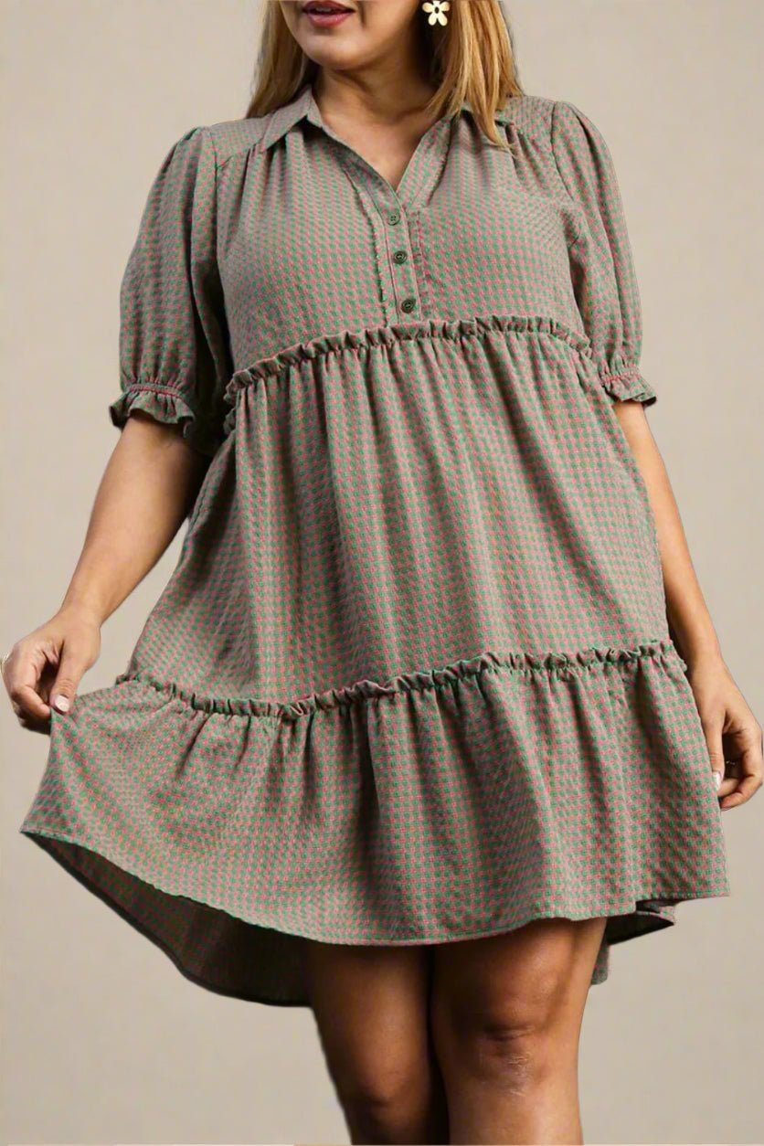 UMGEE - Green & Pink Gingham Tiered Mini Shirt Dress