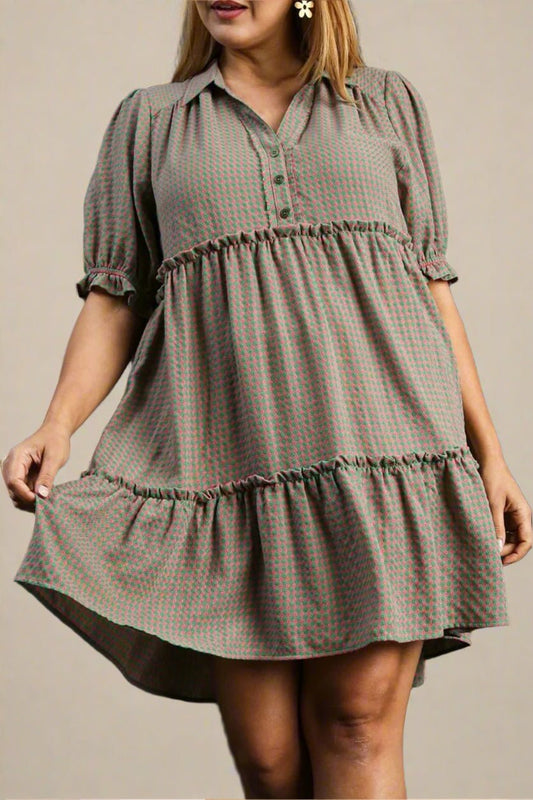 UMGEE - Green & Pink Gingham Tiered Mini Shirt Dress