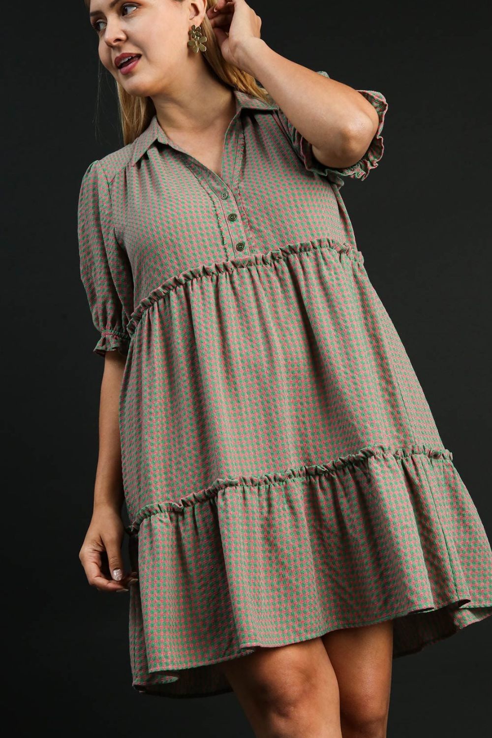 UMGEE - Green & Pink Gingham Tiered Mini Shirt Dress