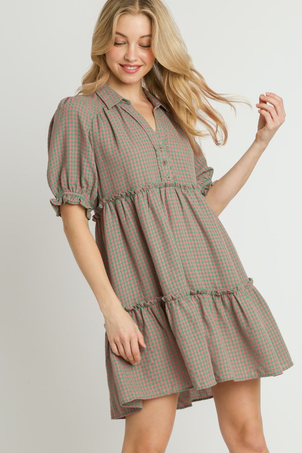 UMGEE - Green & Pink Gingham Tiered Mini Shirt Dress
