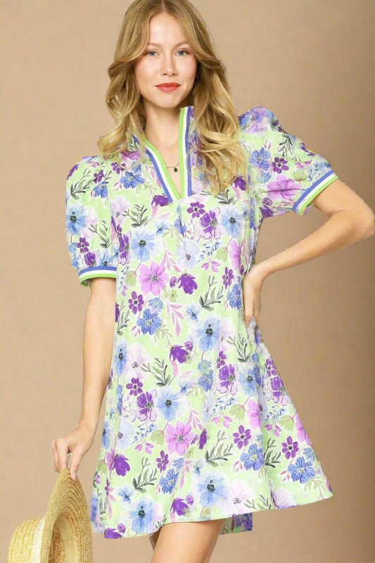 UMGEE - Green & Purple Floral Puff Sleeve Mini Dress
