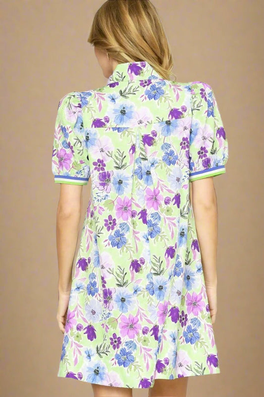 UMGEE - Green & Purple Floral Puff Sleeve Mini Dress