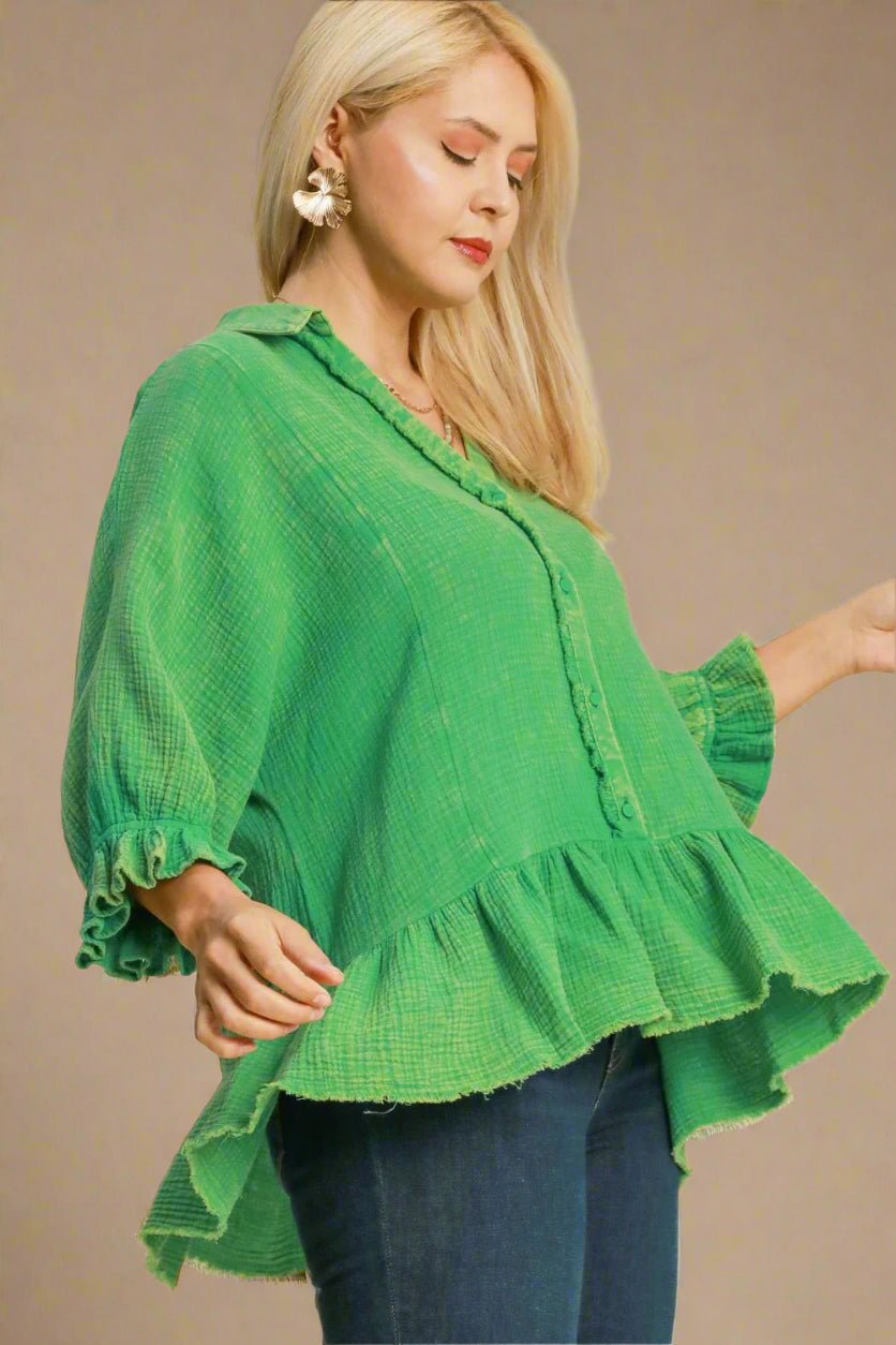 UMGEE - Green Ruffle Hem Gauze Blouse
