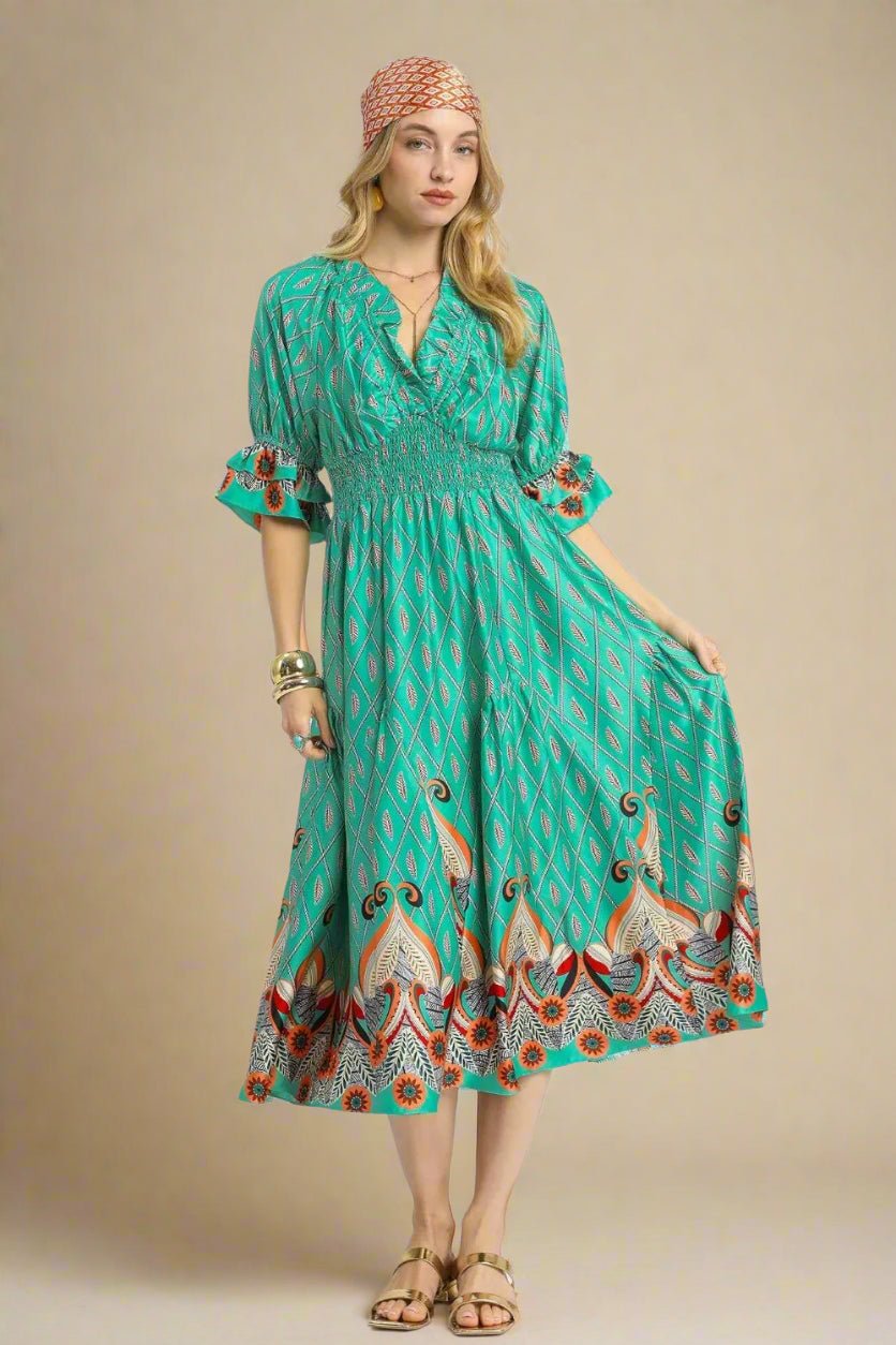 UMGEE - Green Smocked Waist Boho Midi Dress
