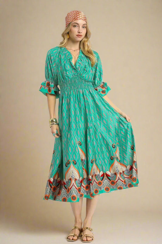 UMGEE - Green Smocked Waist Boho Midi Dress