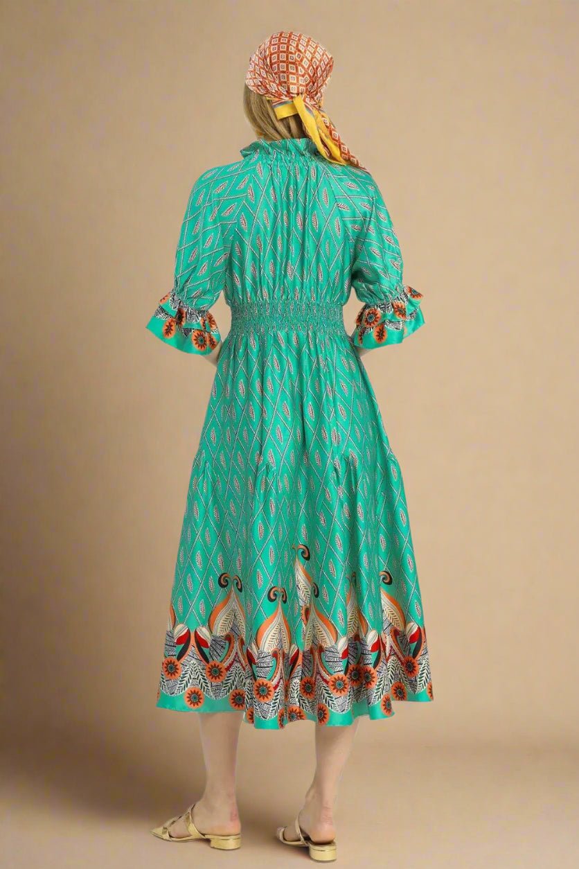 UMGEE - Green Smocked Waist Boho Midi Dress