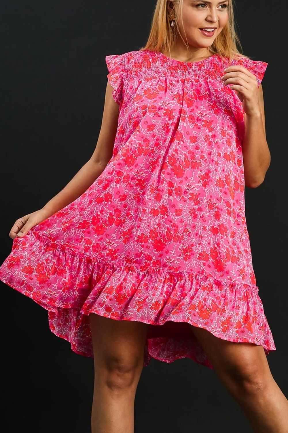 UMGEE - Hot Pink Floral Smocked Ruffle Babydoll Mini Dress