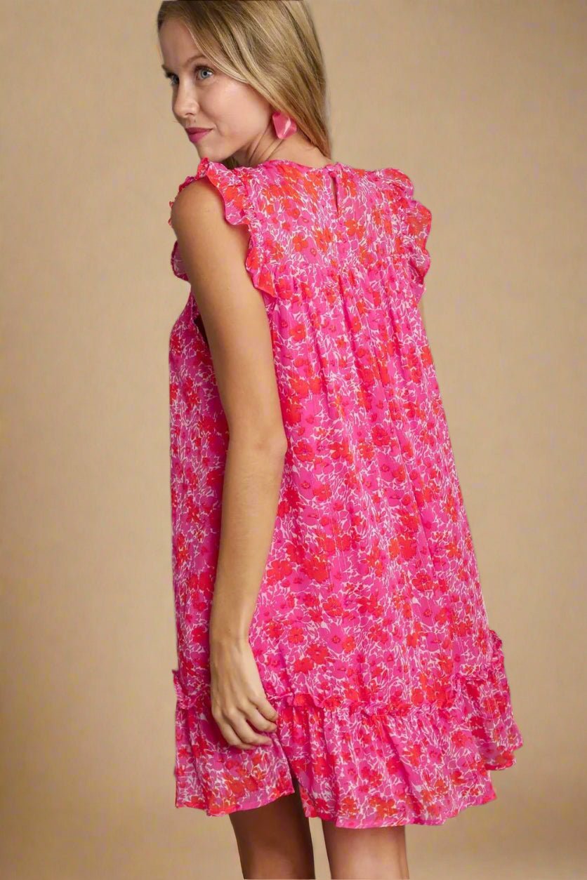 UMGEE - Hot Pink Floral Smocked Ruffle Babydoll Mini Dress