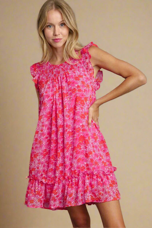 UMGEE - Hot Pink Floral Smocked Ruffle Babydoll Mini Dress