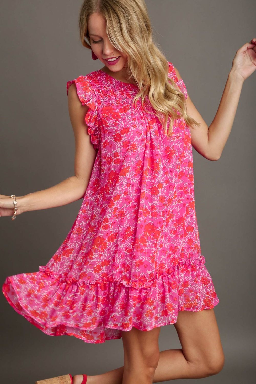 UMGEE - Hot Pink Floral Smocked Ruffle Babydoll Mini Dress