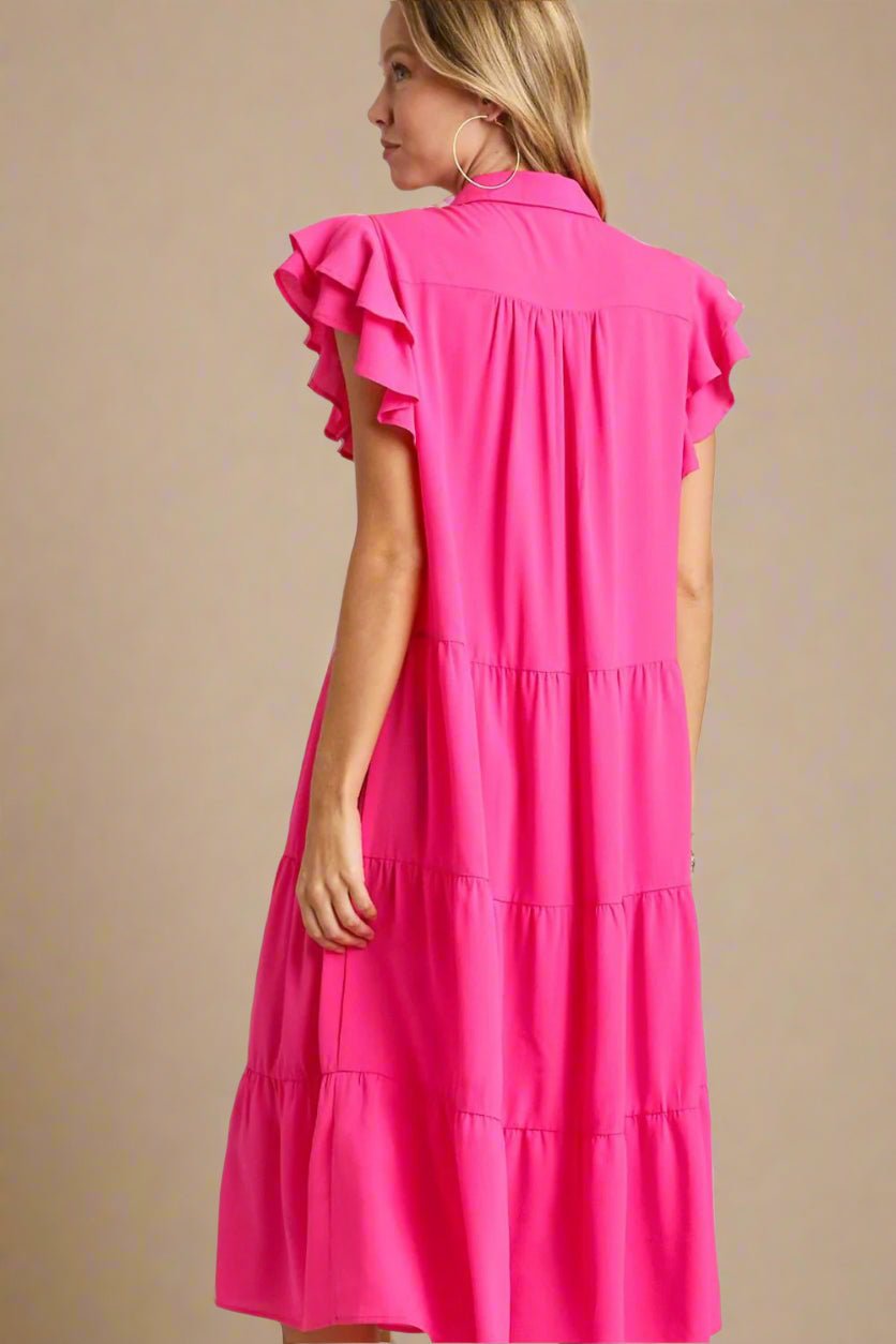 UMGEE - Hot Pink Flutter Sleeve Tiered Midi Dress