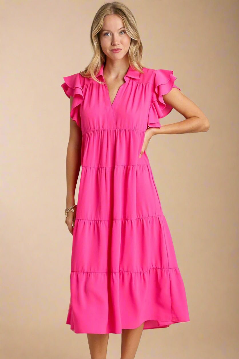 UMGEE - Hot Pink Flutter Sleeve Tiered Midi Dress