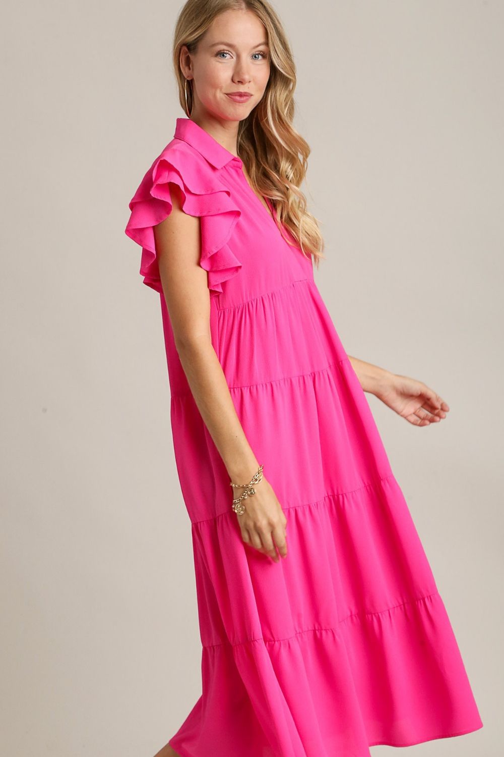 UMGEE - Hot Pink Flutter Sleeve Tiered Midi Dress
