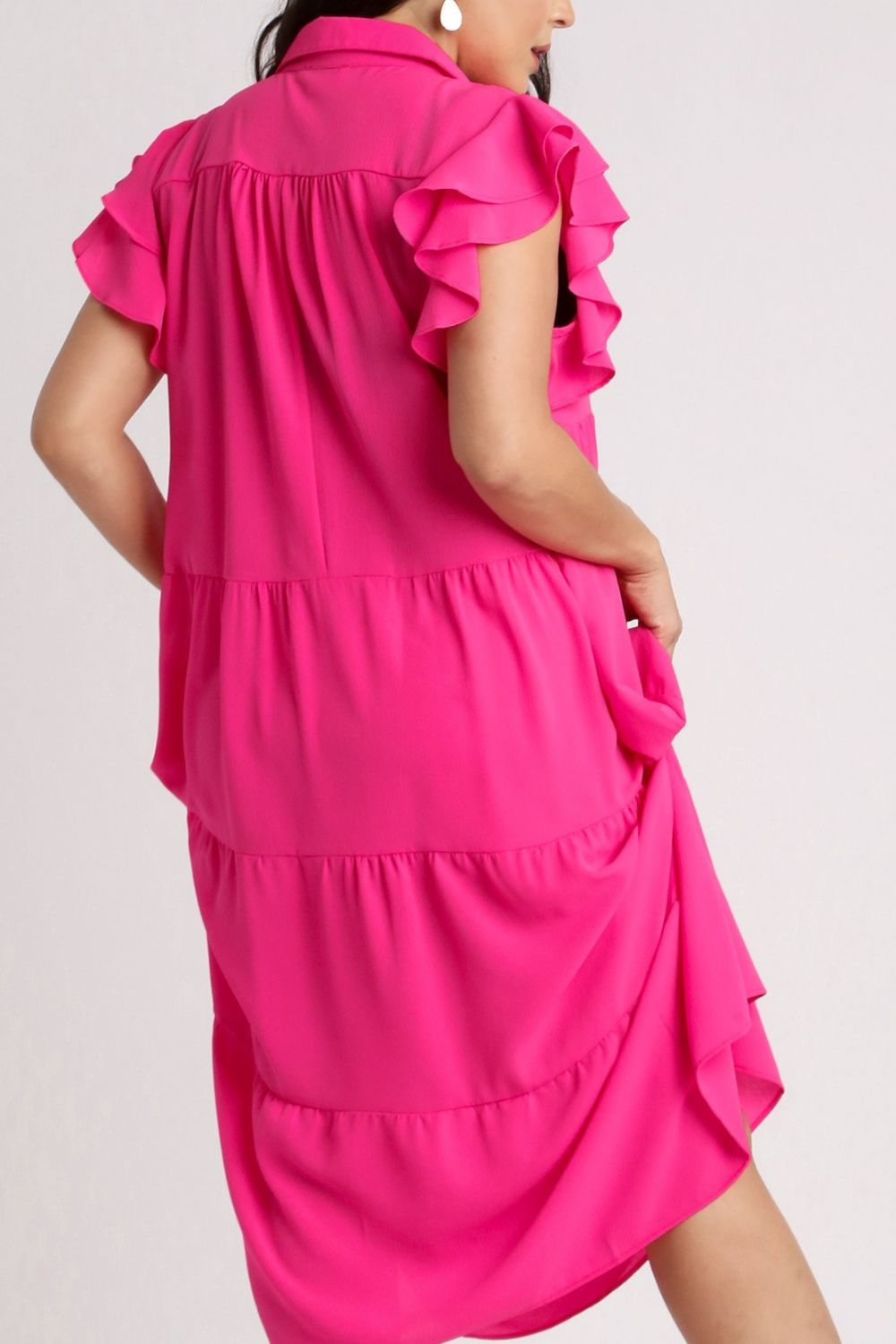 UMGEE - Hot Pink Flutter Sleeve Tiered Midi Dress