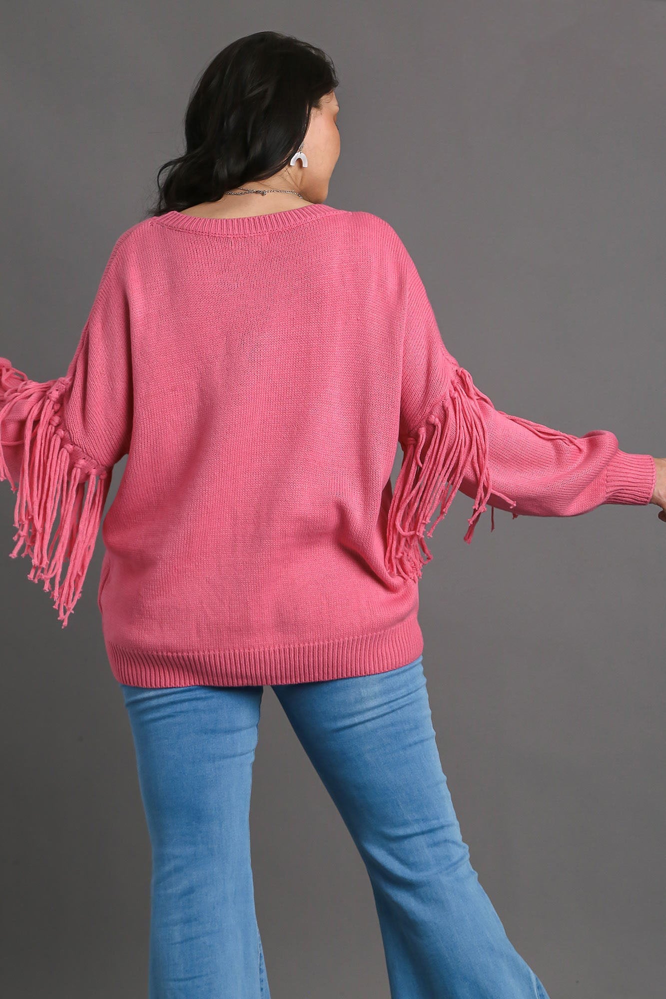 UMGEE - Hot Pink Fringe Long Sleeve Sweater