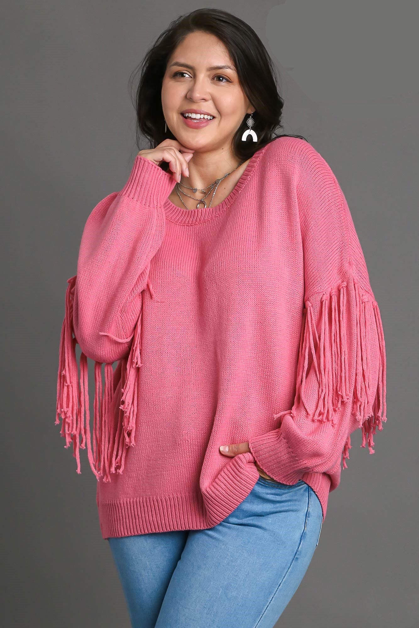 UMGEE - Hot Pink Fringe Long Sleeve Sweater
