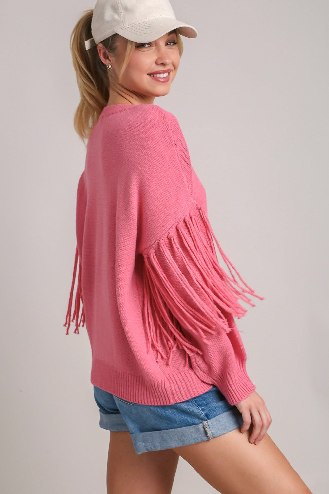 UMGEE - Hot Pink Fringe Long Sleeve Sweater