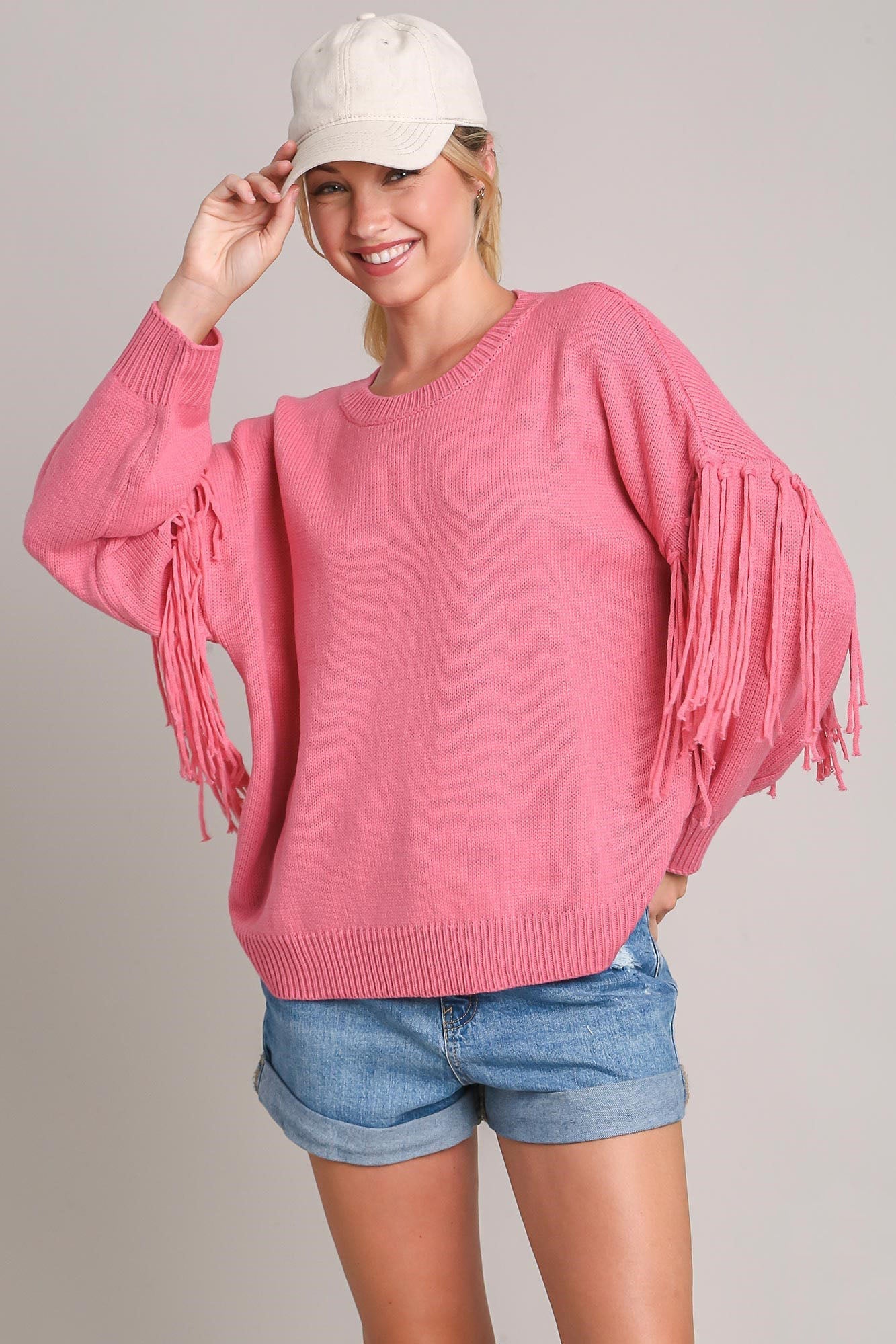 UMGEE - Hot Pink Fringe Long Sleeve Sweater
