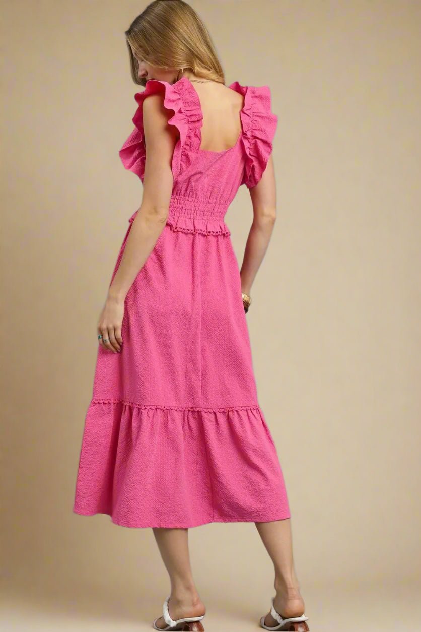 UMGEE - Hot Pink Ruffle Sleeve Smocked Midi Dress