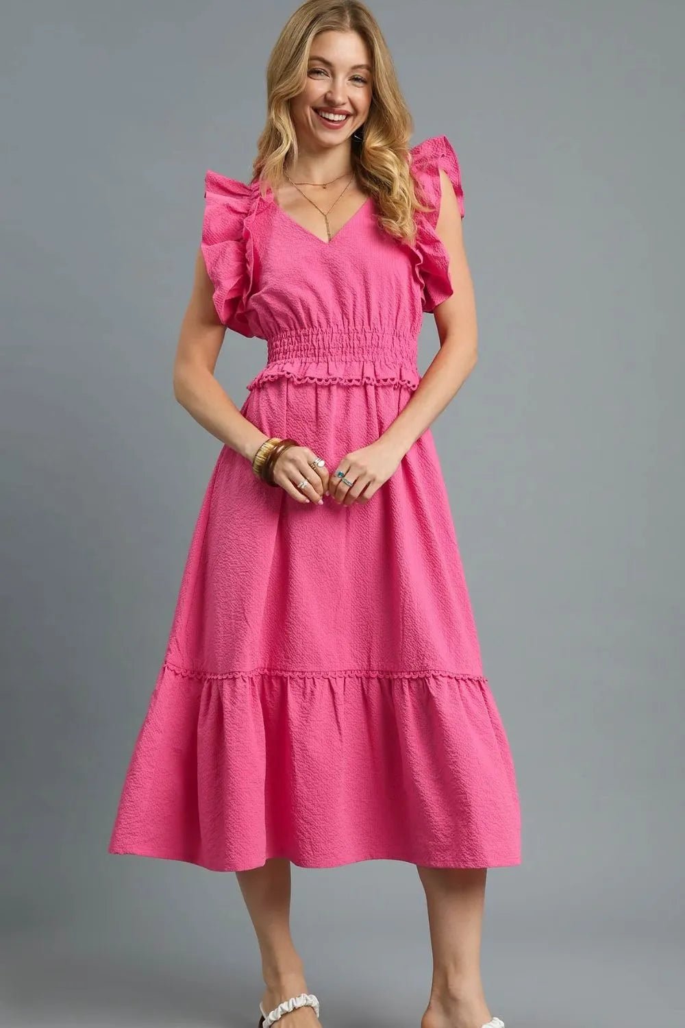 UMGEE - Hot Pink Ruffle Sleeve Smocked Midi Dress
