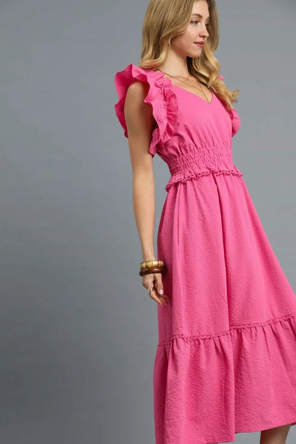 UMGEE - Hot Pink Ruffle Sleeve Smocked Midi Dress