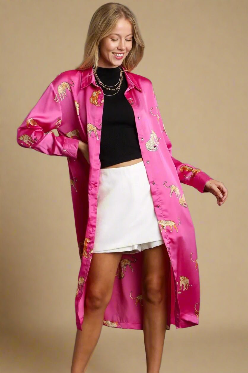 UMGEE - Hot Pink Satin Cheetah Midi Shirt Dress