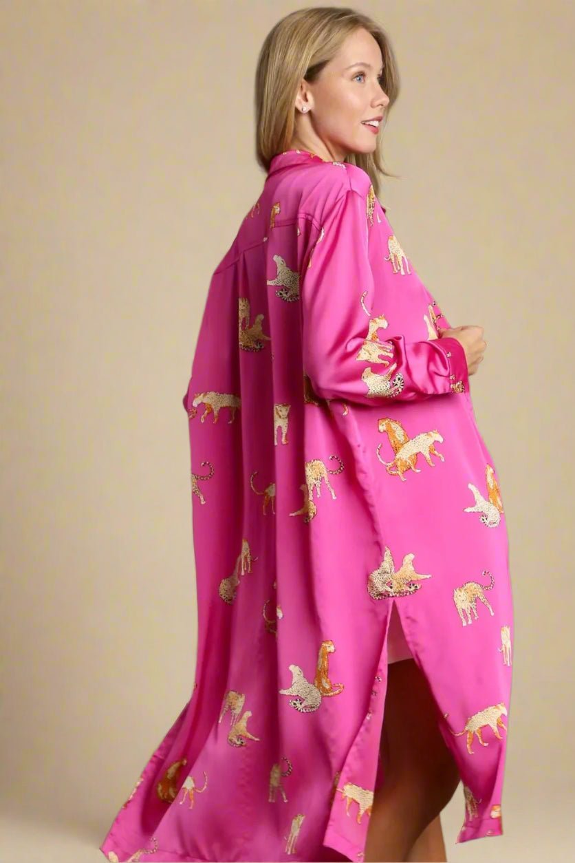 UMGEE - Hot Pink Satin Cheetah Midi Shirt Dress