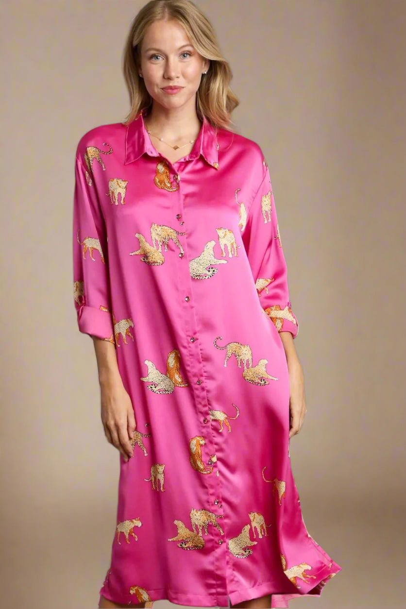 UMGEE - Hot Pink Satin Cheetah Midi Shirt Dress