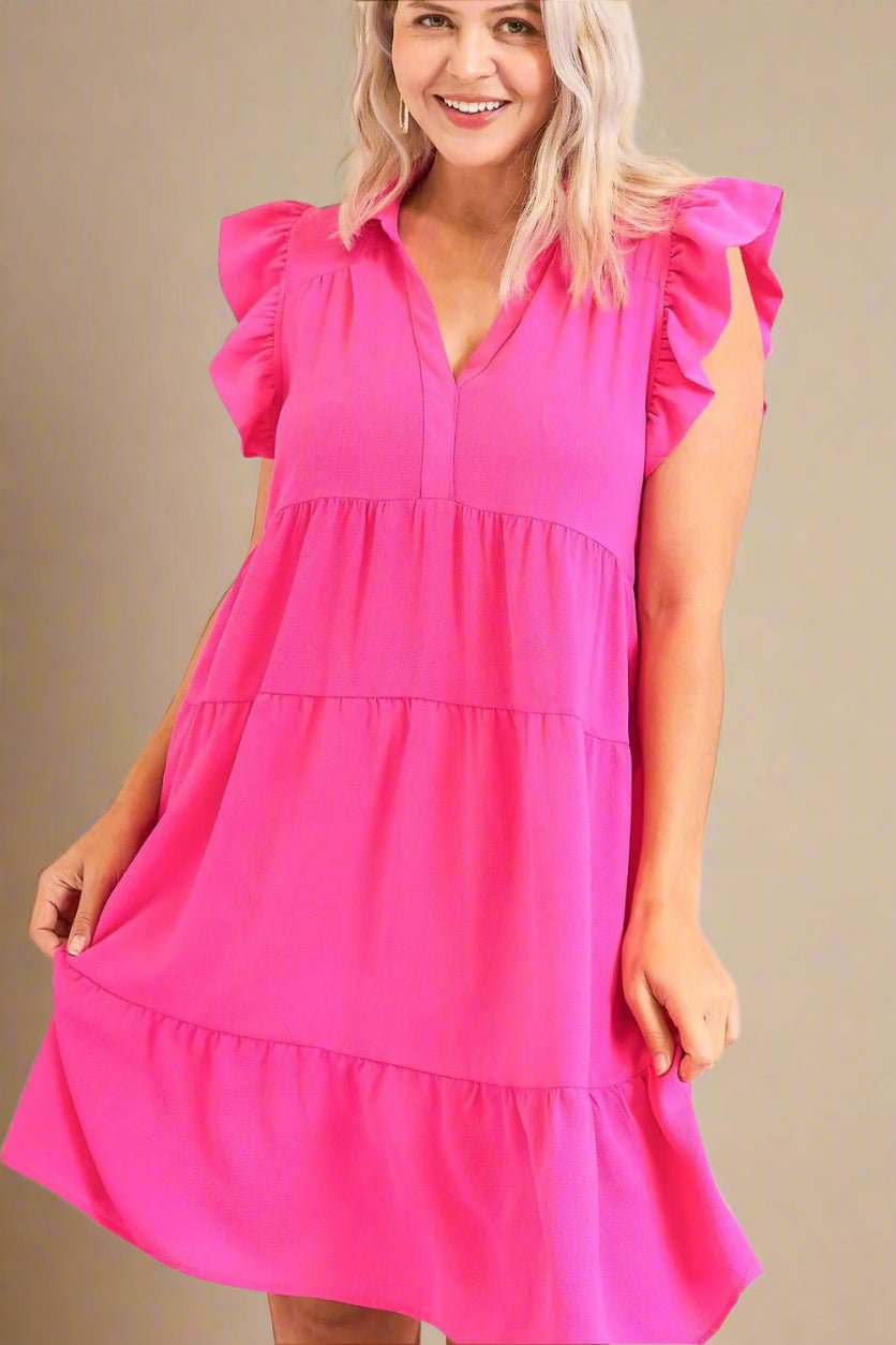 UMGEE - Hot Pink Tiered Collared Babydoll Mini Dress