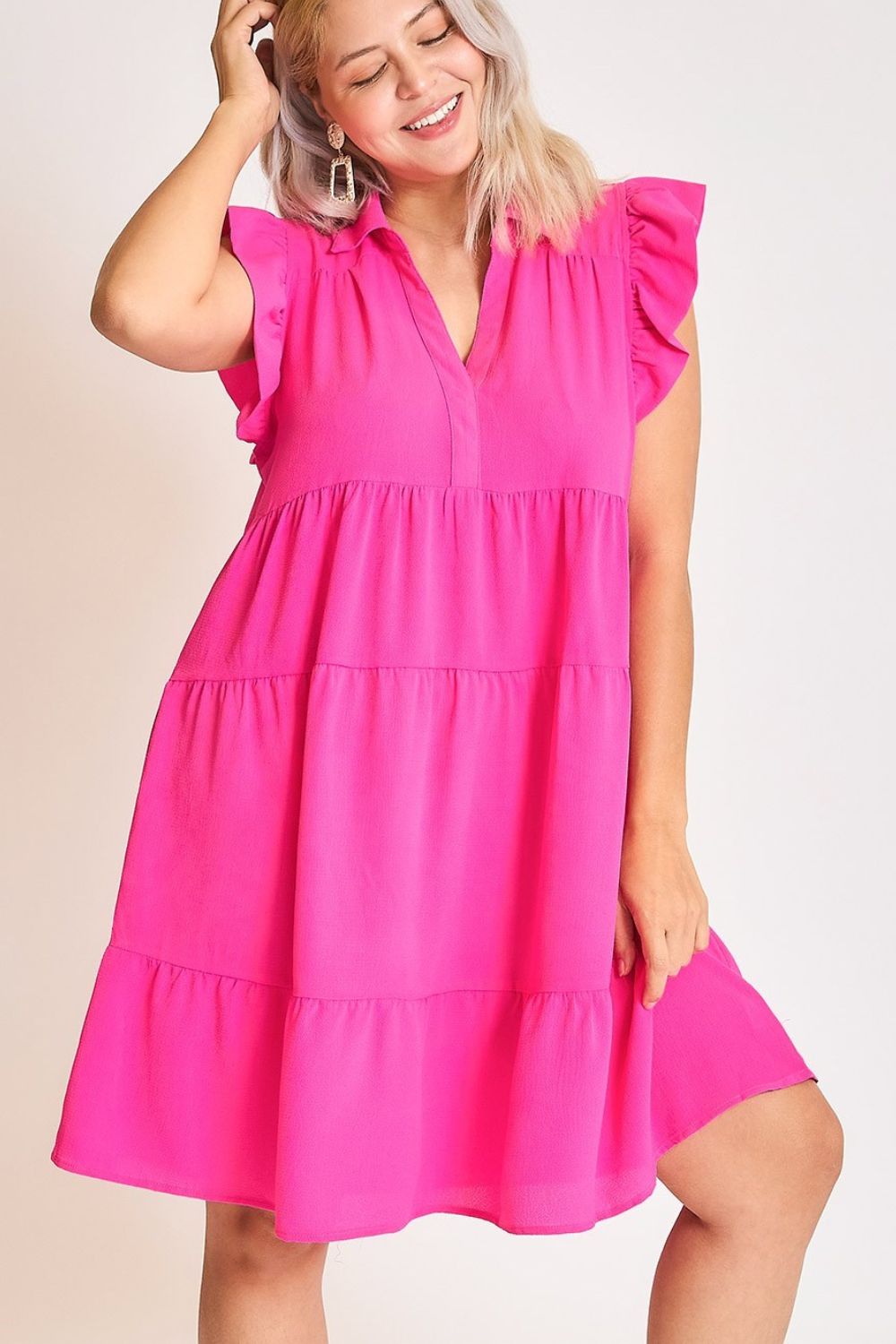 UMGEE - Hot Pink Tiered Collared Babydoll Mini Dress