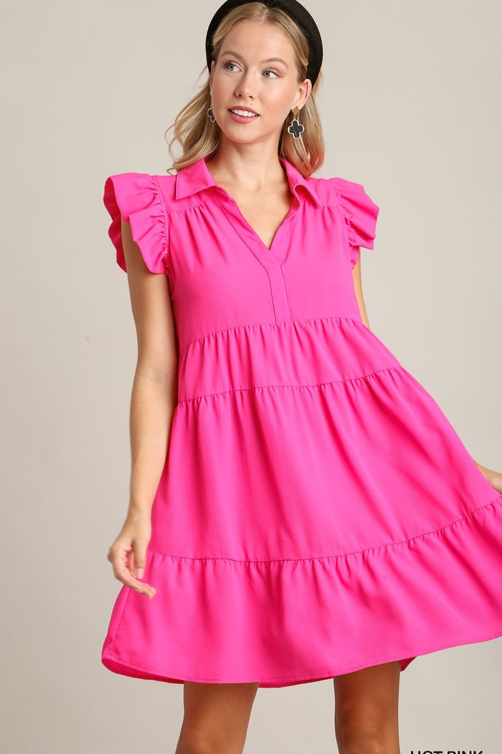 UMGEE - Hot Pink Tiered Collared Babydoll Mini Dress