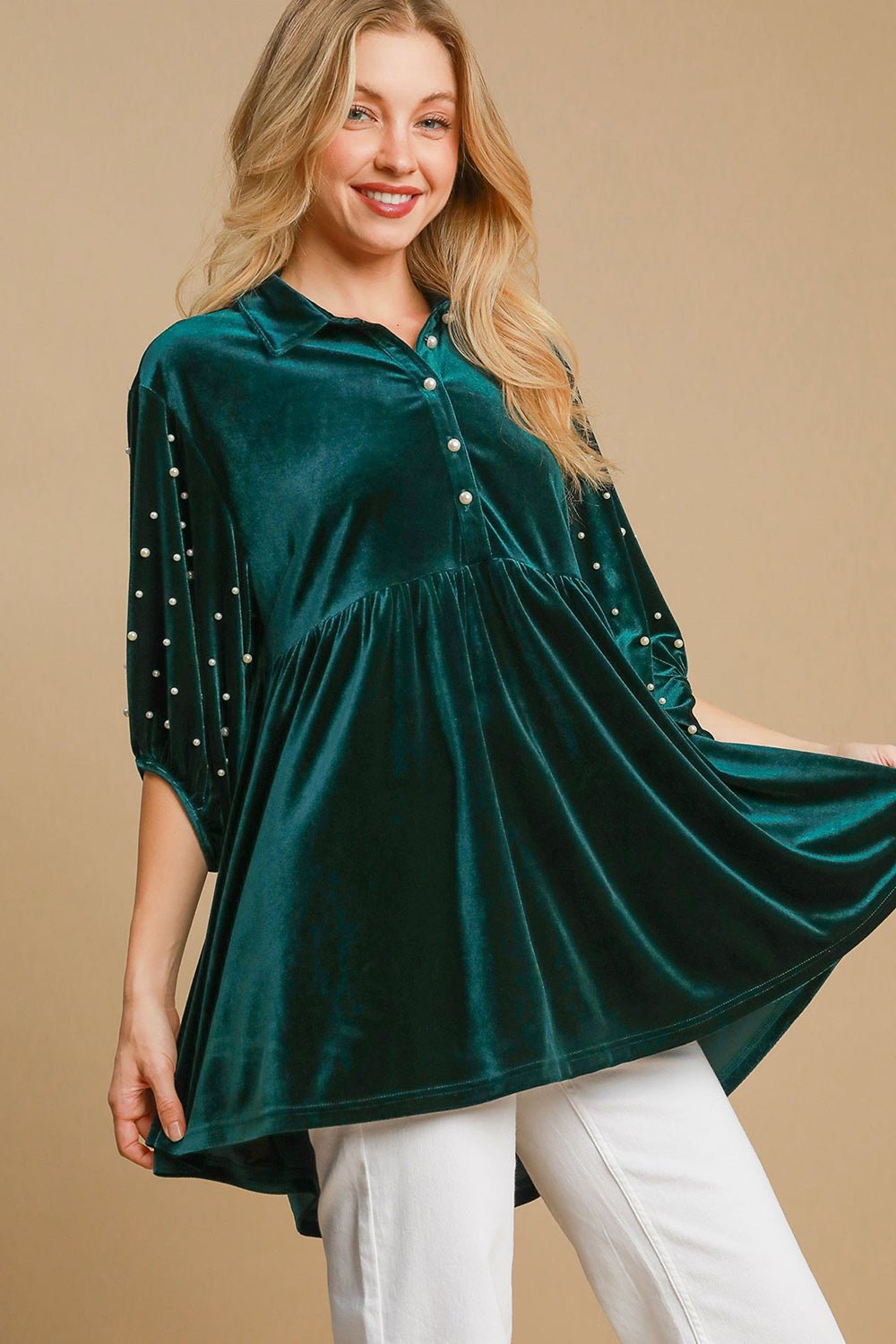 UMGEE - Hunter Green Pearl Detail Velvet Babydoll Blouse