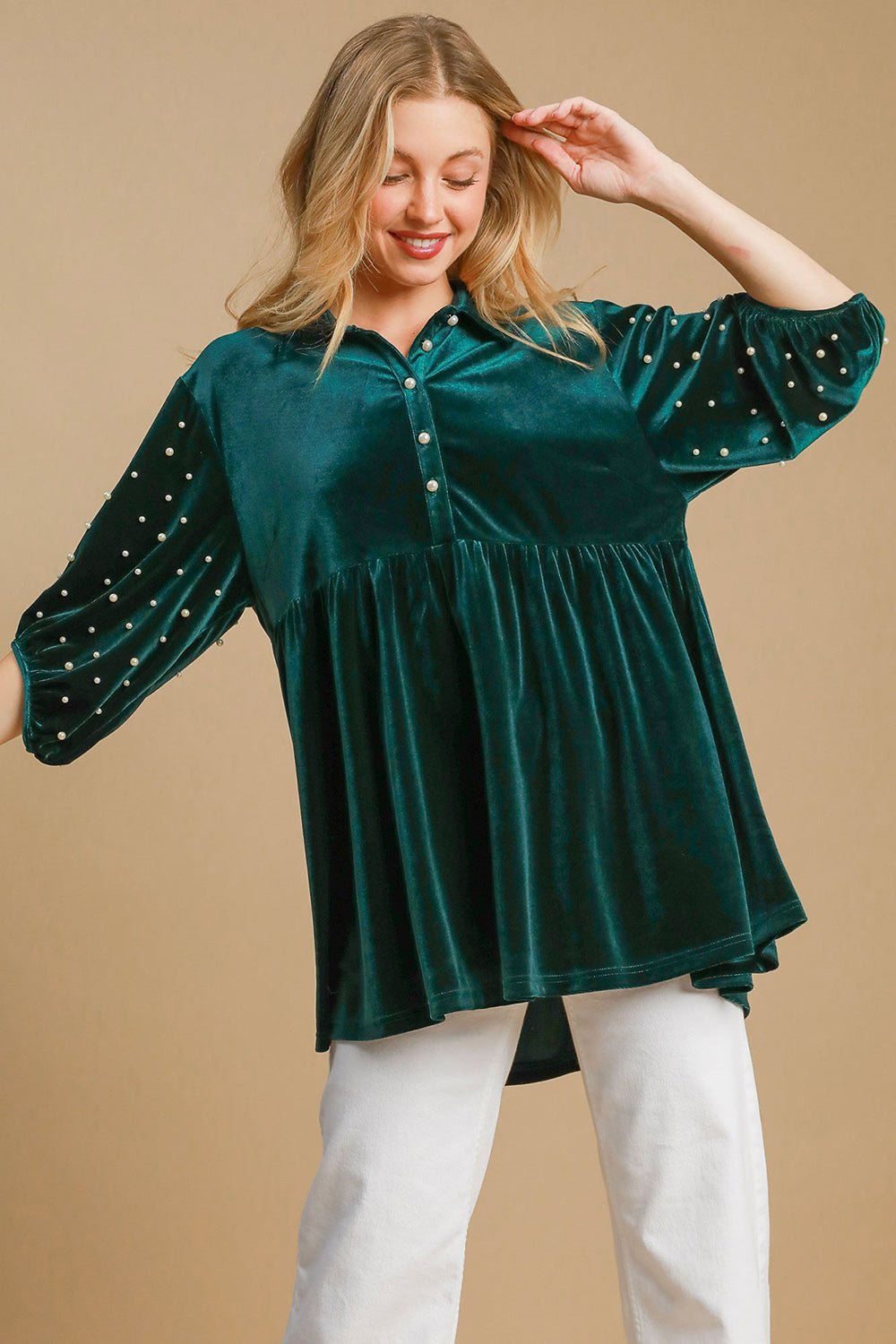 UMGEE - Hunter Green Pearl Detail Velvet Babydoll Blouse