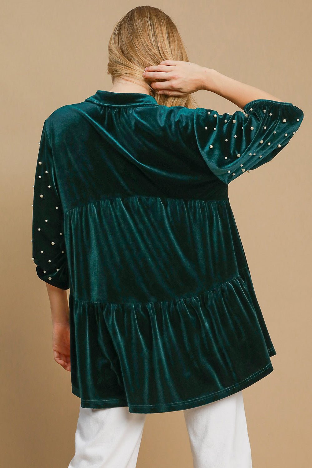 UMGEE - Hunter Green Pearl Detail Velvet Babydoll Blouse