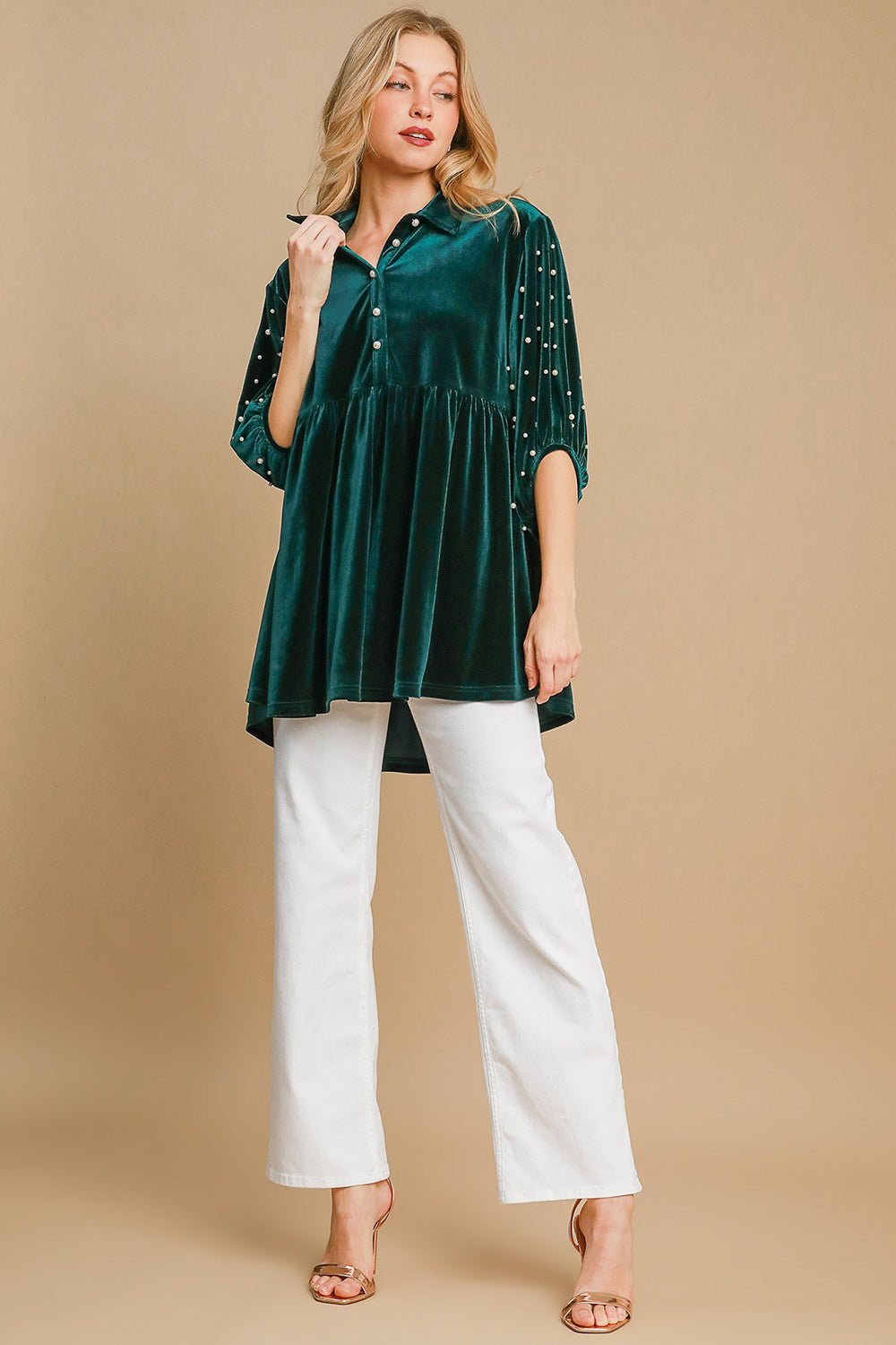 UMGEE - Hunter Green Pearl Detail Velvet Babydoll Blouse