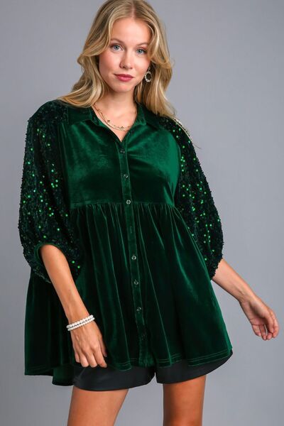 UMGEE - Hunter Green Sequin Detail Half Sleeve Velvet Top
