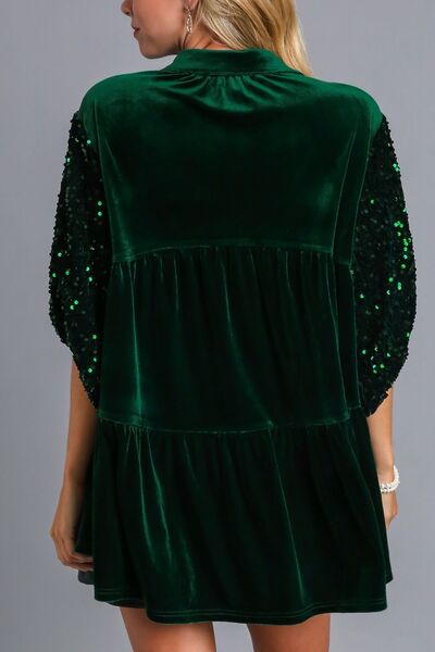 UMGEE - Hunter Green Sequin Detail Half Sleeve Velvet Top