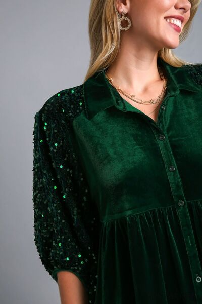 UMGEE - Hunter Green Sequin Detail Half Sleeve Velvet Top