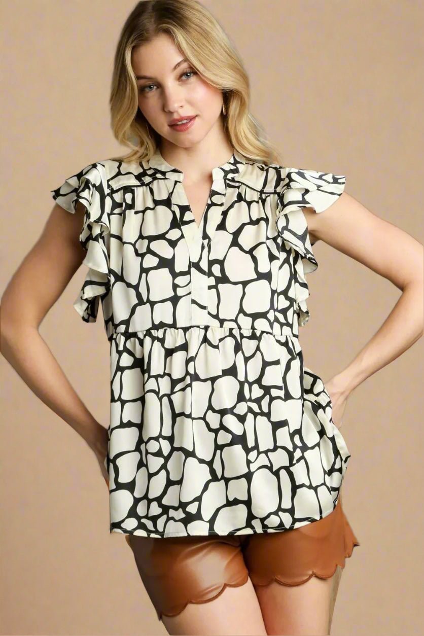UMGEE - Ivory & Black Abstract Ruffle Sleeve Top