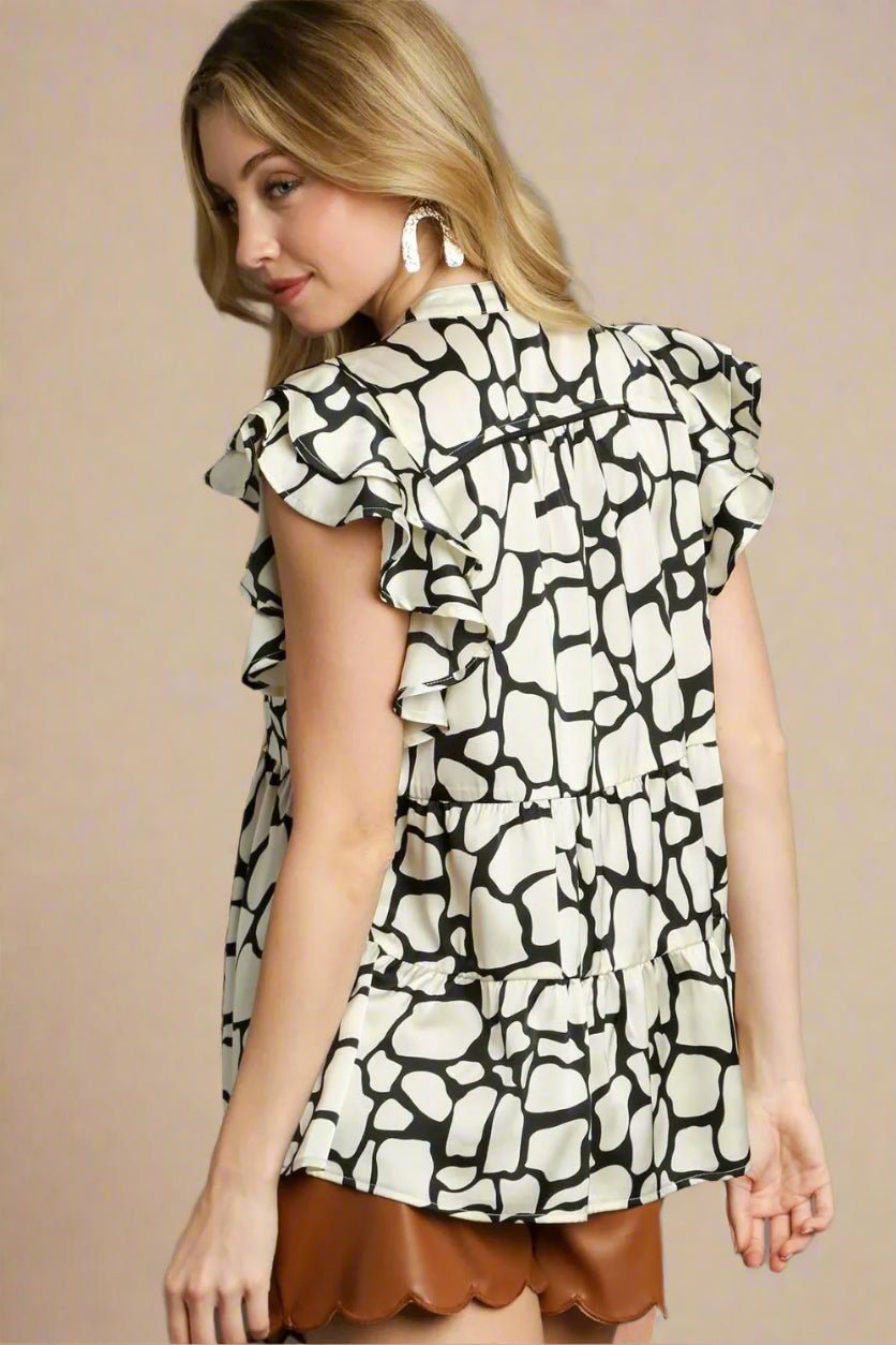 UMGEE - Ivory & Black Abstract Ruffle Sleeve Top