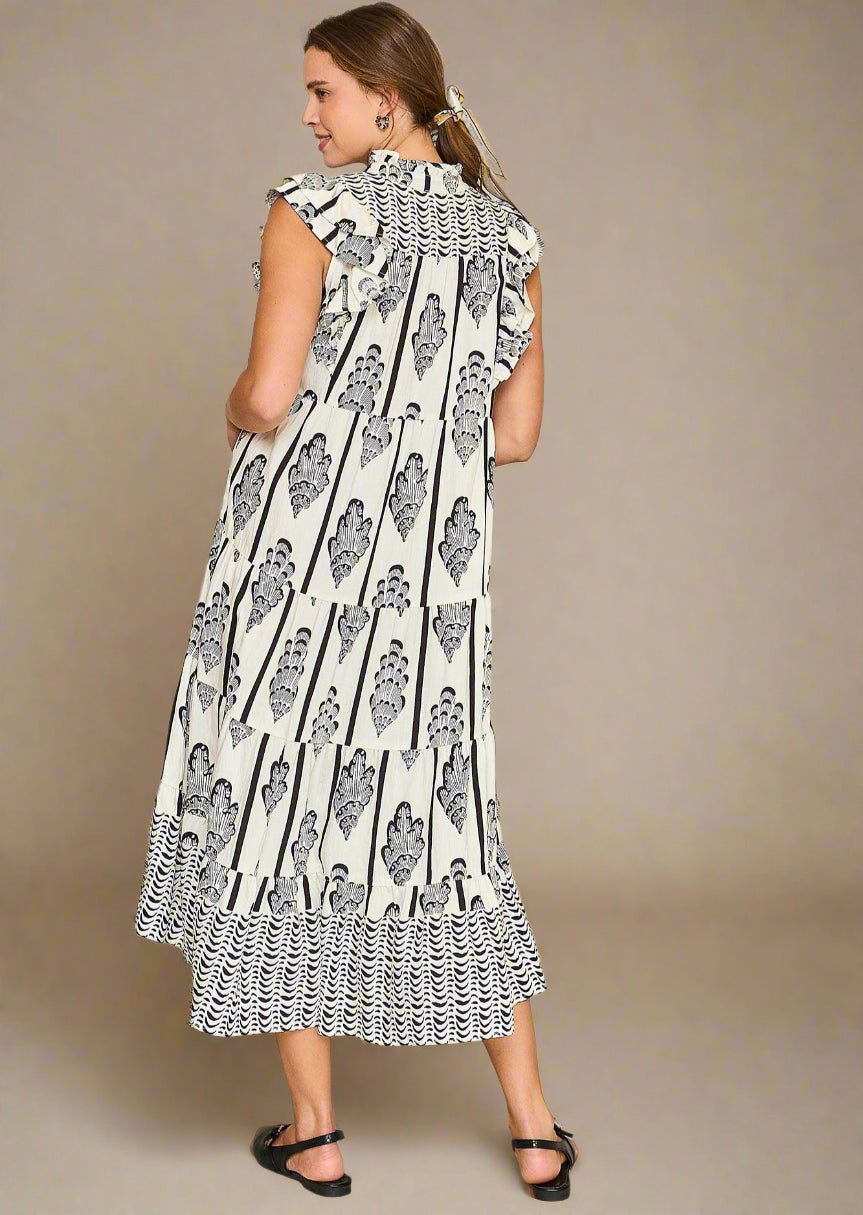 UMGEE - Ivory & Black Flutter Sleeve Tiered Midi Dress