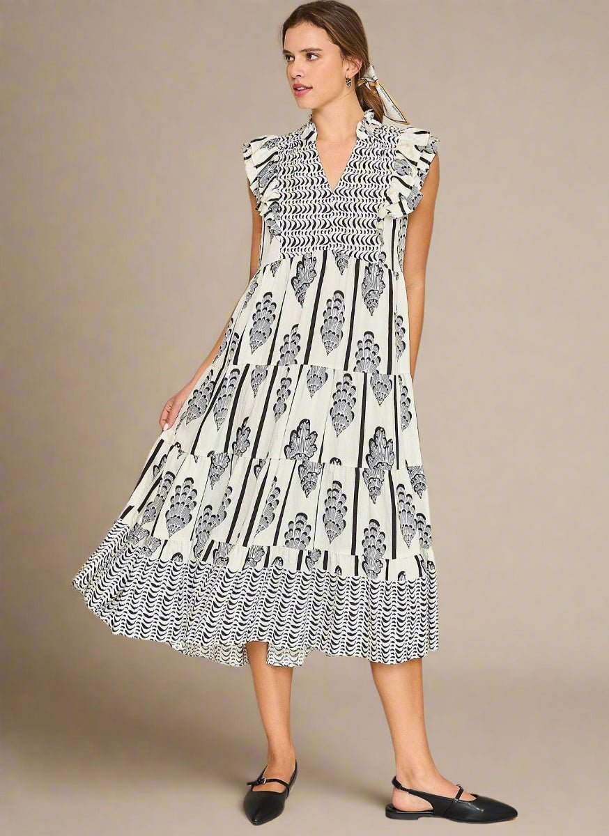 UMGEE - Ivory & Black Flutter Sleeve Tiered Midi Dress