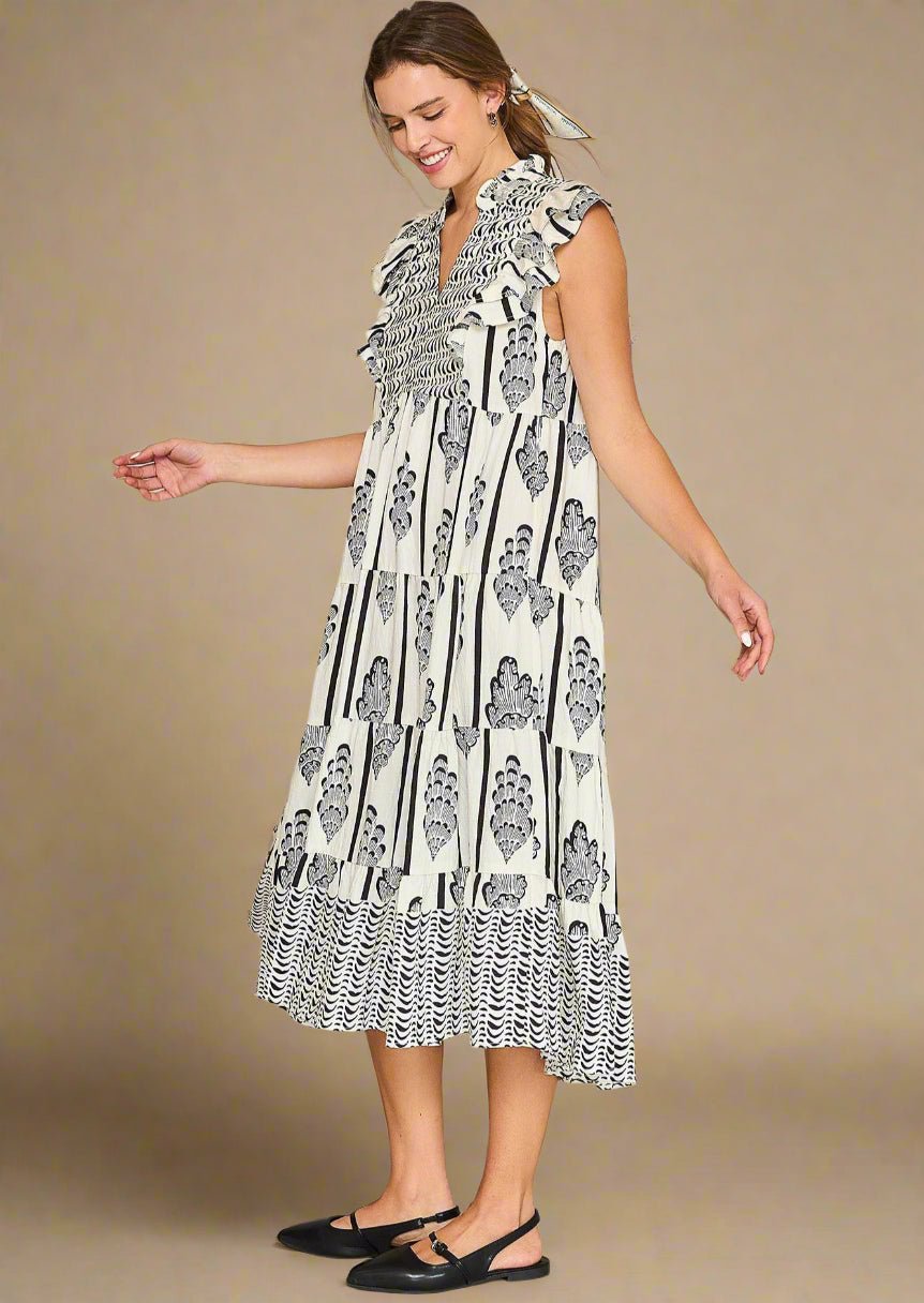 UMGEE - Ivory & Black Flutter Sleeve Tiered Midi Dress