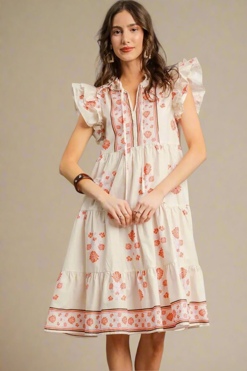UMGEE - Ivory & Coral Floral Flutter Sleeve Tiered Midi Dress